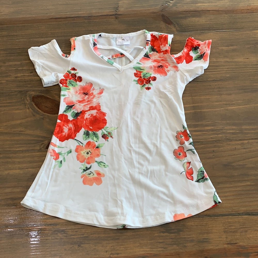 White and Coral Cold Shoulder Top. Size medium(4t)